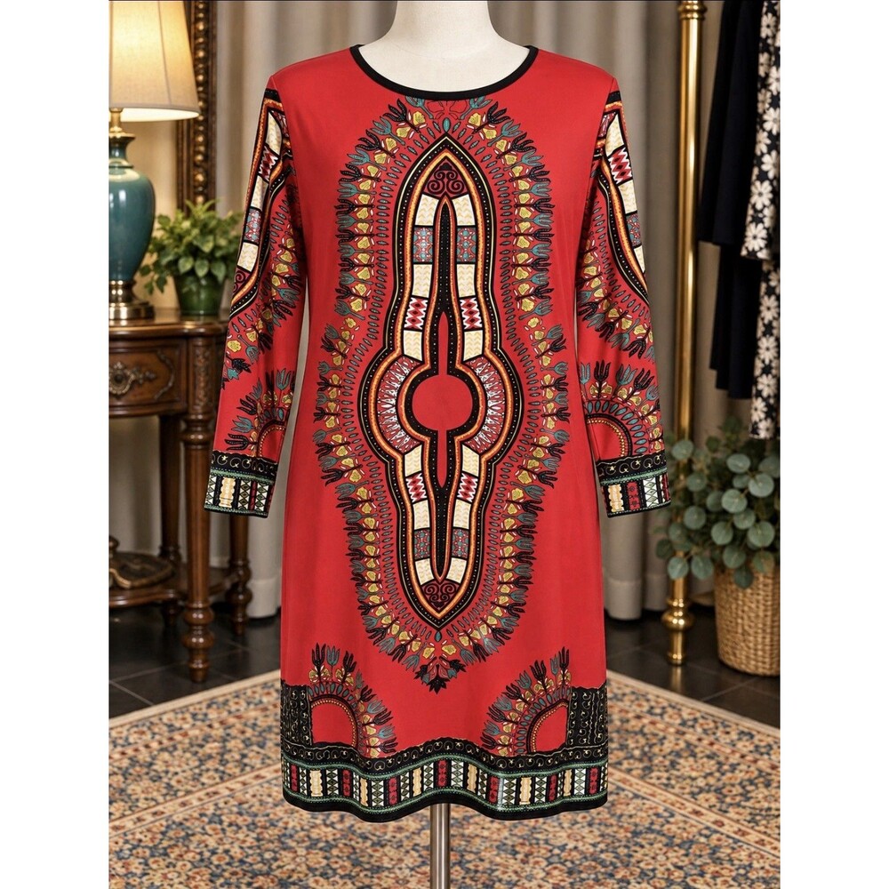 Unbranded Size S/M Women’s Red Dashiki Print Long Sleeve Tunic Dress